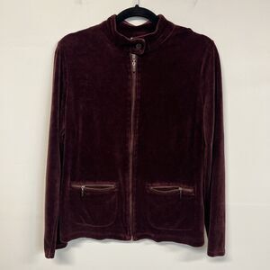 Vintage Talbots Velour Jacket M Burgundy Mock Neck Y2K Zip Retro Made in Korea